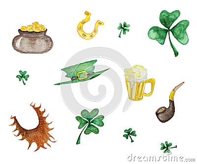 Watercolor set of St. Patrick s Day elements Stock Photo