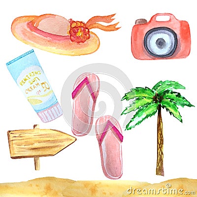 Watercolor set of summer items and accessories for a holiday on a white background. Stock Photo