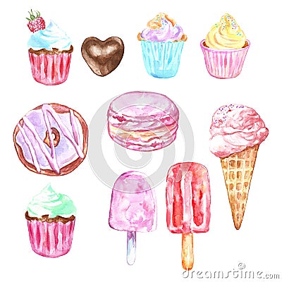 Watercolor set of sweets and dessert - ice cream in a cone, cupcakes, donuts, macarons in pastel colors, isolated Cartoon Illustration