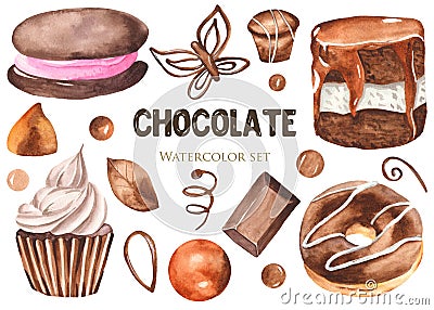 Watercolor set of sweets. Donuts, cheesecakes, cakes, sweets, muffins, chocolate. Stock Photo