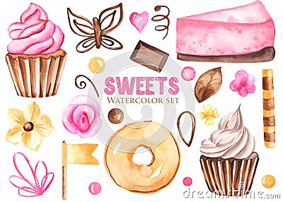 Watercolor set of sweets. Donuts, cheesecakes, cakes, sweets, muffins, chocolate. Stock Photo