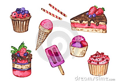 Watercolor set of tasty desserts Cartoon Illustration