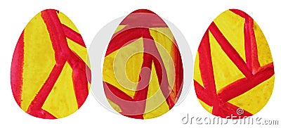 Hsnd drowning watercolor set of three yellow easter eggs. Stock Photo