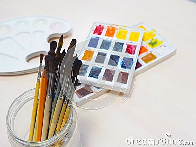 Watercolor set tools with brush, pencil, eraser Stock Photo