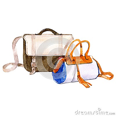 Watercolor set of travel bags isolated Cartoon Illustration