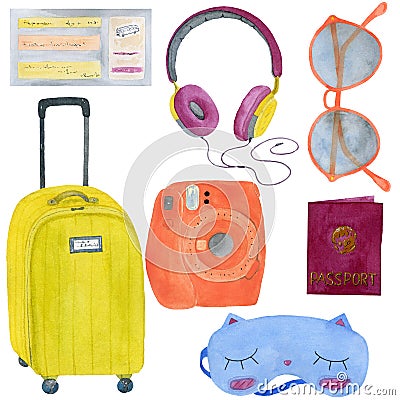 Watercolor set of travel illustrations Cartoon Illustration