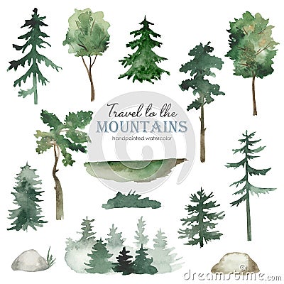 Watercolor set Travel to the mountains with trees, firs, pines, stones Stock Photo