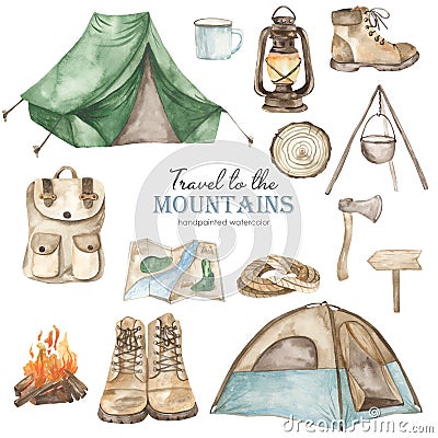 Watercolor set Traveling in the mountains with tents, climbing boots, ax, bowler hat, mug, lantern, campfire, tourist backpack Stock Photo