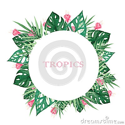 Watercolor set with tropical leaves and flowers. Stock Photo