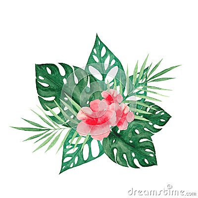 Watercolor set with tropical leaves and flowers. Stock Photo
