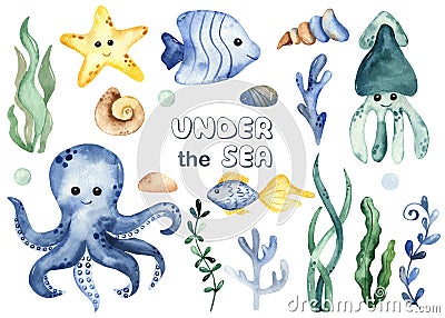 Watercolor set with underwater creatures squid, octopus, starfish, corals, algae, shells Stock Photo