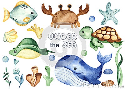 Watercolor set with underwater creatures whale, sea turtle, crab, stingray, starfish, algae, corals Stock Photo