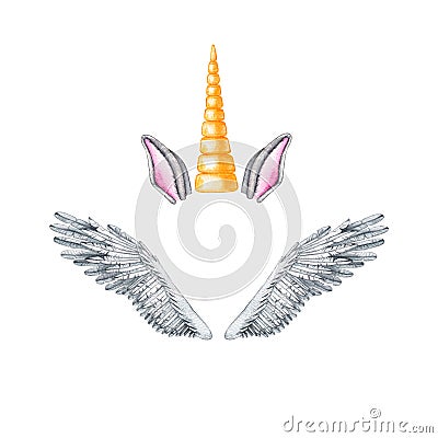Watercolor set with unicorn wings and horn Stock Photo