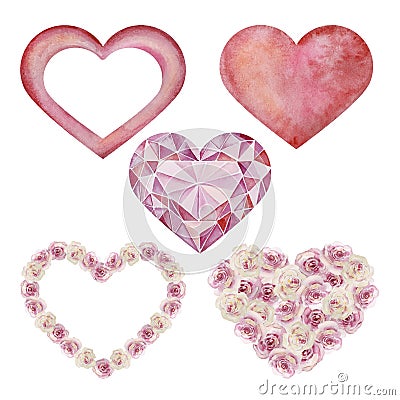 Watercolor set Valentine's Day, bright hearts Stock Photo