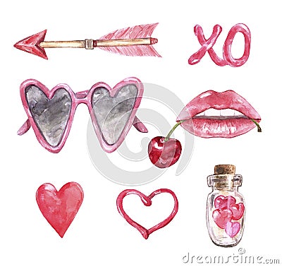 Watercolor set for Valentines Day. Hand drawn symbols of love. Pink lips, heart shaped sunglasses, arrow, heart, isolated on white Stock Photo