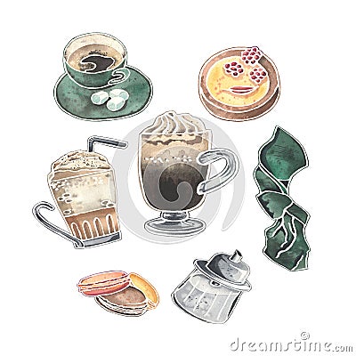 Watercolor set of Viennese coffee glasses, desserts, sugar bowl and cute cup of coffee. Cartoon Illustration