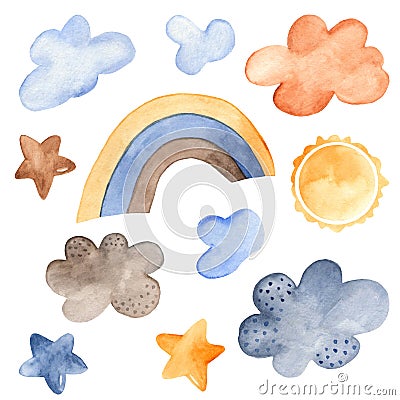 Watercolor set of weather forecast. Stock Photo