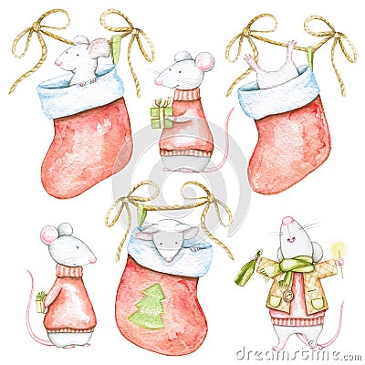 Watercolor set of white mise in red Christmas sweaters and socks Cartoon Illustration