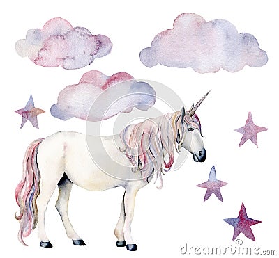 Watercolor set with white unicorn and decor. Hand painted magic horse, clouds and stars isolated on white background Cartoon Illustration