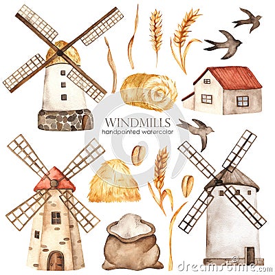 Watercolor set with windmills, house, haystack, swallows, wheat spikelets, bag of flour Stock Photo