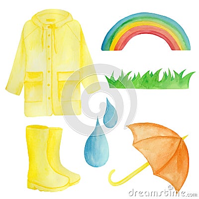 Watercolor set with yellow rain, umbrella, rainbow, raindrops . Stock Photo