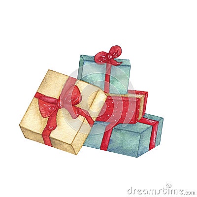 Watercolor several boxes of gifts.Isolated on white background.Card,postcard Stock Photo