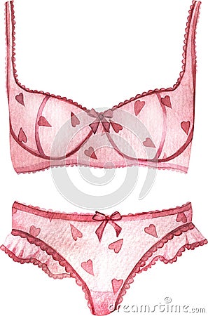 Watercolor sexy pink lingerie with hearts. Erotic underwear illustration. Valentine`s day women clothes. Cartoon Illustration