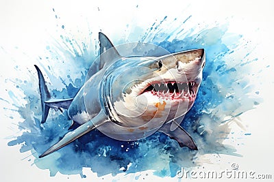 watercolor Shark Hungry shark illustration with splash watercolor textured background Cartoon Illustration