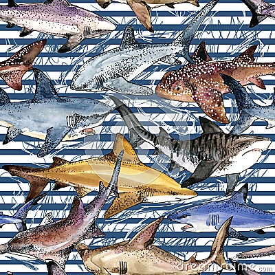 Watercolor shark seamless pattern. Cartoon Illustration