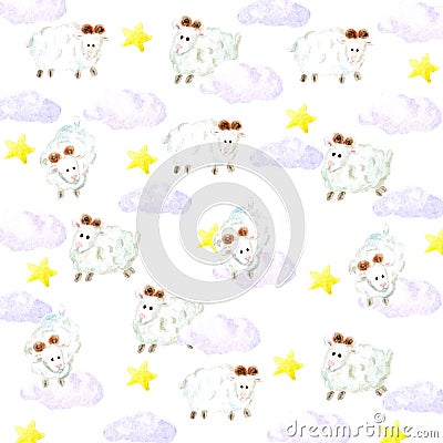 Watercolor sheeps, stars and clouds background Cartoon Illustration