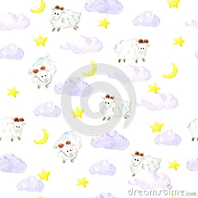 Watercolor sheeps, stars and clouds seamless background Stock Photo