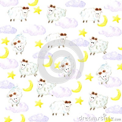 Watercolor sheeps, stars, moon and clouds background Stock Photo