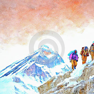Watercolor of sherpas on himalayan mountain near Everest Cartoon Illustration