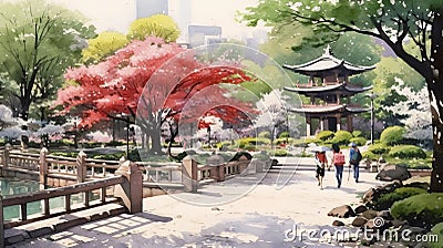 Watercolor Of Shinjuku Gyoen National Garden On Light Background Stock Photo