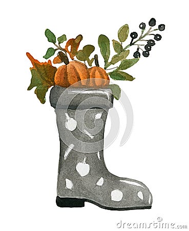 Watercolor shoe with pumpkins, branches and black berries, Stock Photo