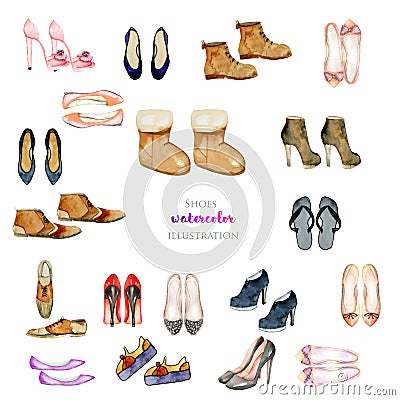 Watercolor shoes illustration collection Cartoon Illustration