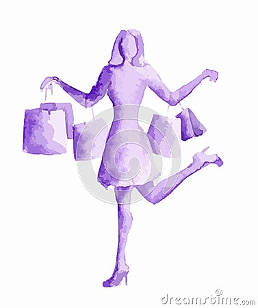 Watercolor shopping woman. Vector Illustration