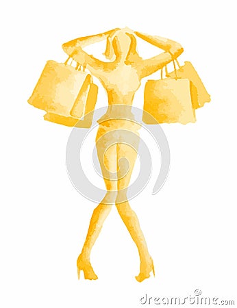 Watercolor shopping woman. Vector Illustration