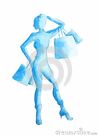 Watercolor shopping woman. Vector Illustration