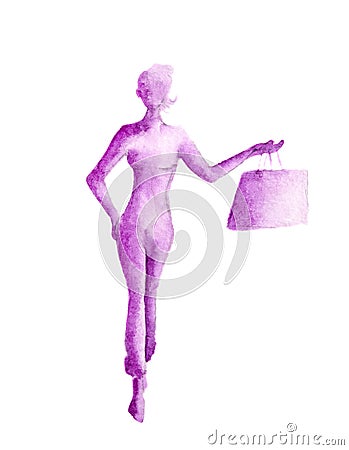 Watercolor shopping woman. Stock Photo