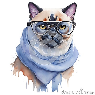 Watercolor siamese cat in glasses and scarf. Winter animal illustration, isolated on white Cartoon Illustration