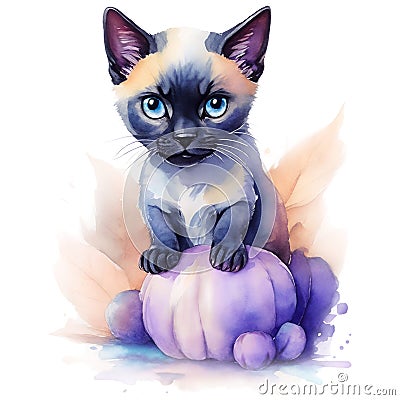 Watercolor siamese kitten and pumpkin. Halloween illustration Cartoon Illustration