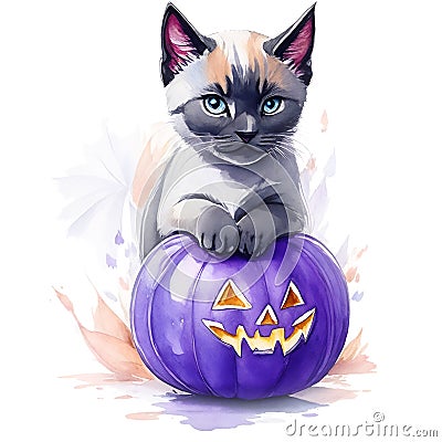 Watercolor siamese kitten and pumpkin. Halloween illustration Cartoon Illustration