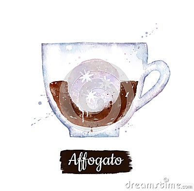 Watercolor side view illustration of Affogato coffee Cartoon Illustration