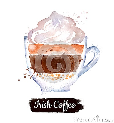 Watercolor side view illustration of Irish coffee Cartoon Illustration