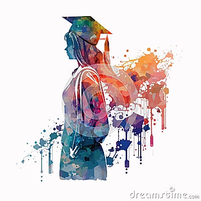 Watercolor silhouette graduate student. Hand drawn young woman in a graduation cap and mantle Cartoon Illustration