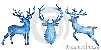 Watercolor silhouette set of deers: jumping deer and head in blue color. Animal painting. Stag and antler christmas Cartoon Illustration