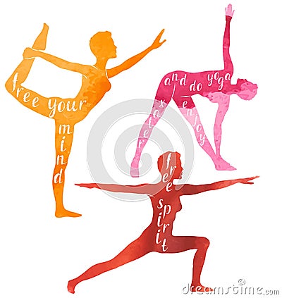 Watercolor Silhouettes of woman doing yoga or pilates exercise. Yoga motivation Vector Illustration