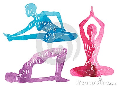 Watercolor Silhouettes of woman practicing yoga, relaxation and meditation Vector Illustration