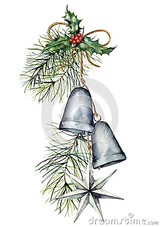 Watercolor silver Christmas bells garland with holiday decor. Hand painted traditional bells with holly, star and Stock Photo